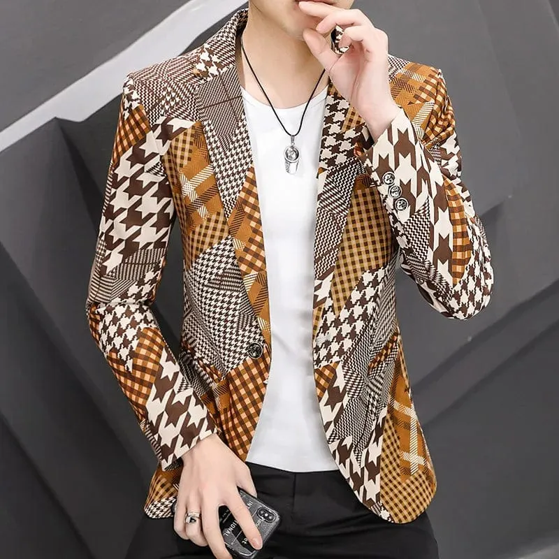 Men's Plaid Patchwork Blazer Suit Jacket High Quality Smart Casual Streetwear