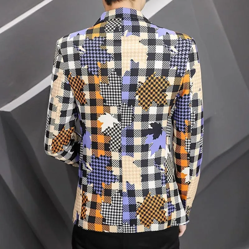 Men's Plaid Patchwork Blazer Suit Jacket High Quality Smart Casual Streetwear