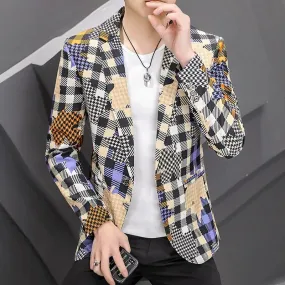 Men's Plaid Patchwork Blazer Suit Jacket High Quality Smart Casual Streetwear