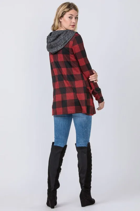 Plaid Checker Print Cardigan with Hoodie