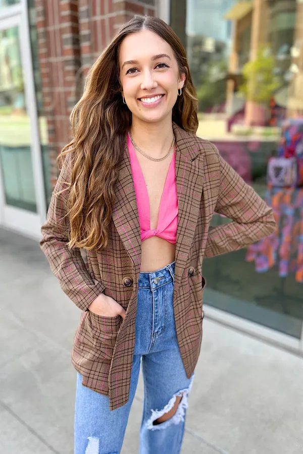 Preptastic Brown and Pink Plaid Blazer