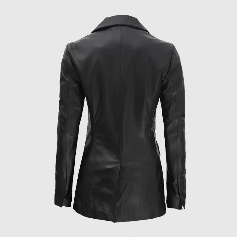 Shop Best High Quality Breanna Women Double Breasted Black Leather Blazer