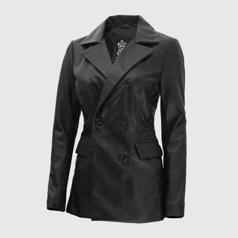 Shop Best High Quality Breanna Women Double Breasted Black Leather Blazer