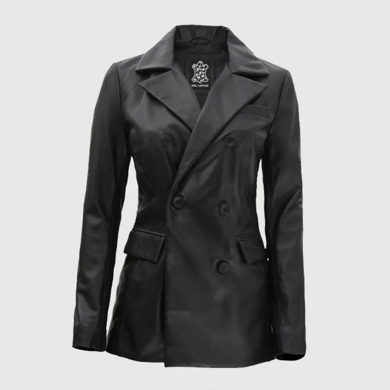 Shop Best High Quality Breanna Women Double Breasted Black Leather Blazer