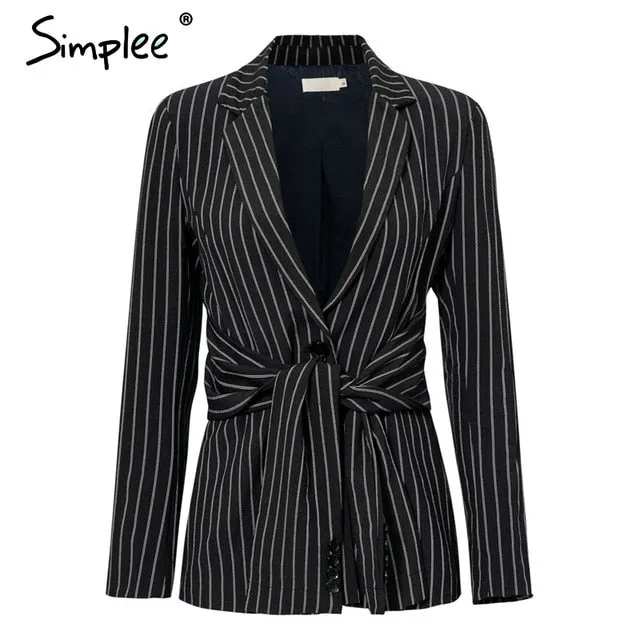 Striped sashes women slim fit office ladies blazer Autumn turn down collar single breasted coat Casual Feminino outwear