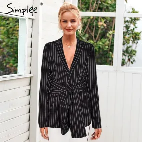 Striped sashes women slim fit office ladies blazer Autumn turn down collar single breasted coat Casual Feminino outwear