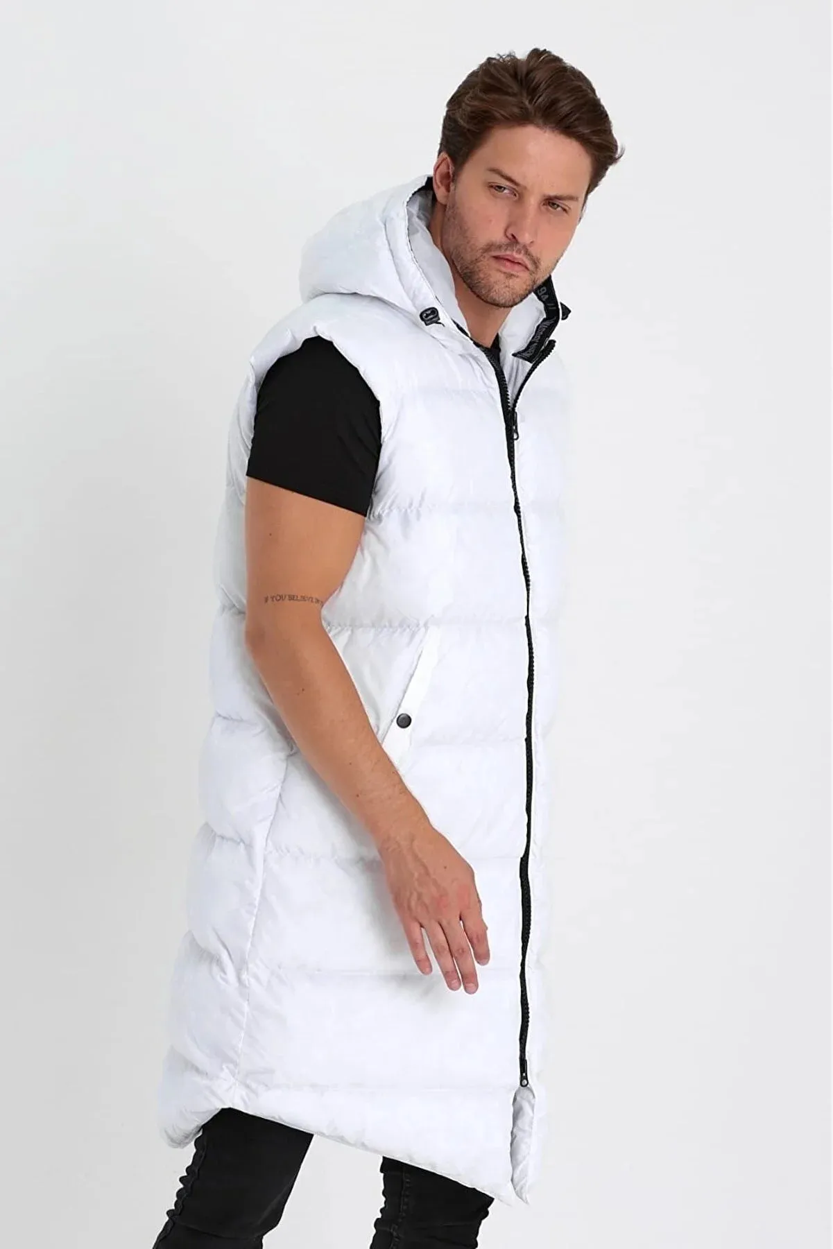 Weyeze Men's White Long Puffer Vest