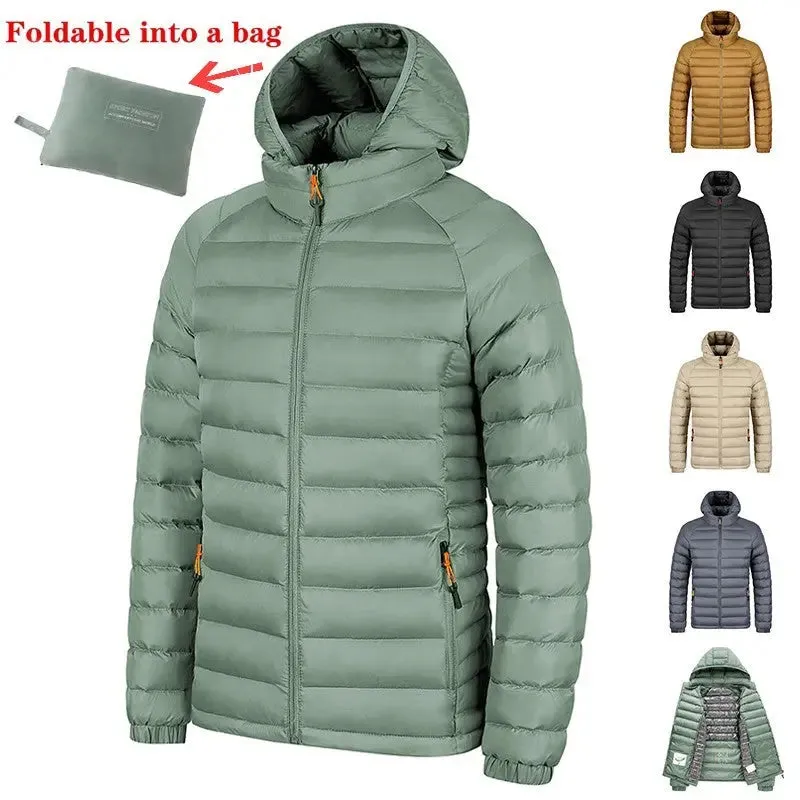 Winter Coat Lightweight Hooded Coat With Pockets Fashion Warm Portable Zipper Jacket For Men Clothing Solid Color Outerwear Tops